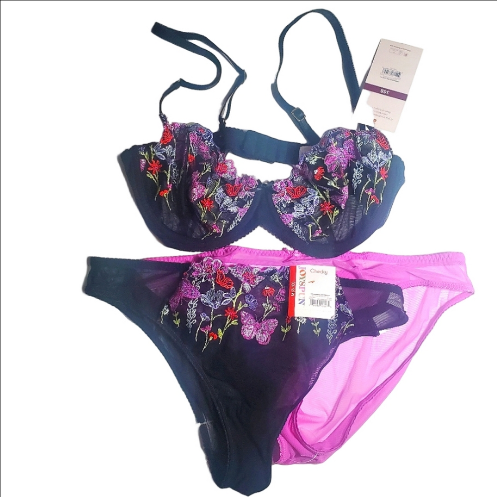 JOYSPUN Demi Cup Bra (36B) & (2 Pk) Cheeky Panties Set Sz M Embroided NWT